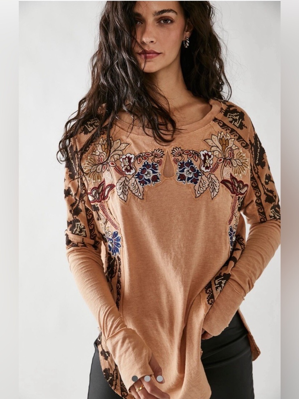 Free People Tall Tales Tunic NWT Embroidered Beaded Mesh Thumbhole Top M
